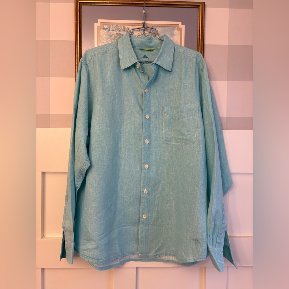 Tommy Bahama Linen Light Teal Button-Down Linen Shirt Medium